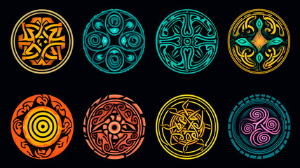Ancient runes, image of colored ancient writings on a dark background. Generative AI