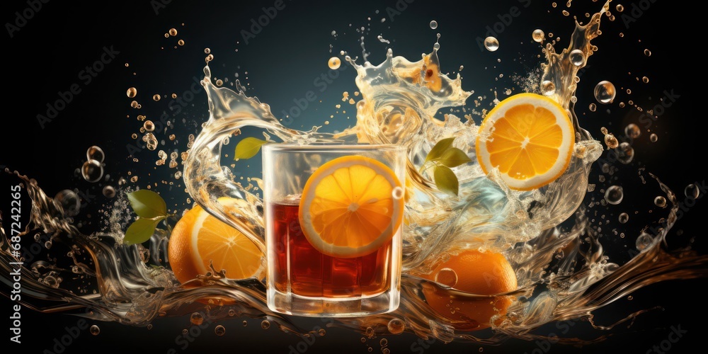 Poster refreshing citrus drink with orange slices and a splash of water generative ai
