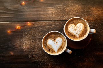 Tazas de café con corazones en la espuma. - obrazy, fototapety, plakaty