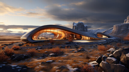 Fototapeta premium Arctic Elegance: Parametric Ski Cabin in Icelandic Splendor. Generative AI