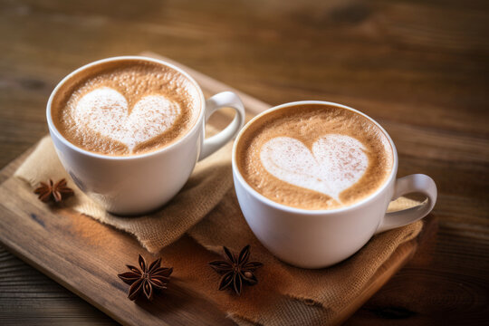 Tazas de café con corazones en la espuma.