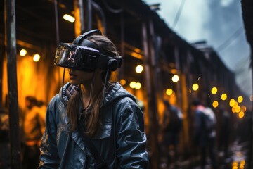 Women wearing vr headsets standing in a dark alley