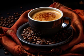 Cup of Coffee on a Saucer Filled With Aromatic Coffee Beans Generative AI