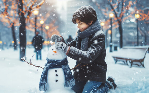 Boy making a snowman Playing in the snow in the garden end of winter During the Christmas and New Year festivals