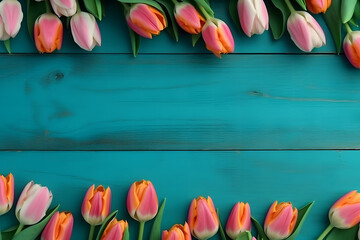 Frame of tulips on turquoise rustic wooden background. Spring flowers. Neural network AI generated art - obrazy, fototapety, plakaty