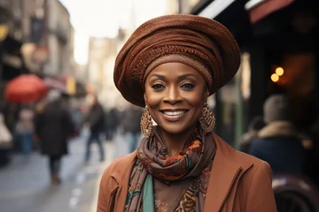Fotobehang Black woman in a hat in the streets of paris © Larisa AI