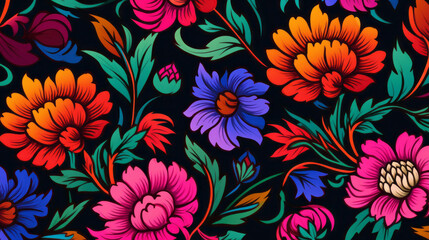 Fototapeta na wymiar Traditional Mexican floral pattern on black background. Vibrant Spirit of Mexico with Authentic flowers pattern