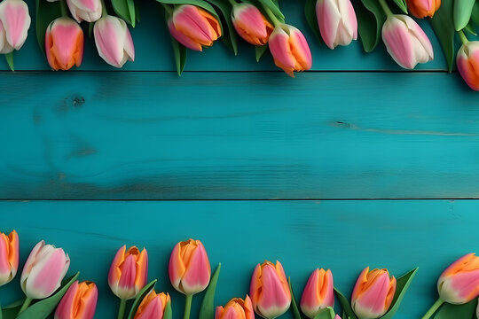 Frame of tulips on turquoise rustic wooden background. Spring flowers. Neural network AI generated art