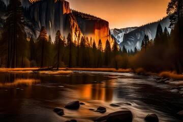 Yosemite Valley bathed in the warm hues of sunset, the iconic granite cliffs casting long shadows,...