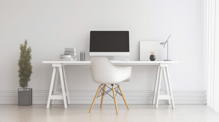 Minimalistic home office interior with clean design, a sleek desk, ergonomic chair, and organized workspace. The simplicity creates focused and aesthetically pleasing environment for productive work.