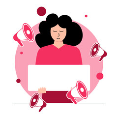 A girl with a sign Join Our Community. Advertising illustration in red colors and with loudspeakers