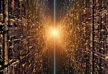 Abstract digital background with glowing binary code and light effects, representing data processing or cyber technology.