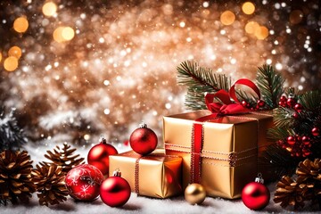Christmas Holiday Background With Gift And Decorations On A Sunny Background
