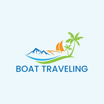 adventure boat traveling logo design vector