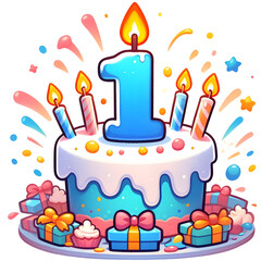 1 year old birthday cake or 1 year anniversary cake celebration with balloons and party decoration no background 
