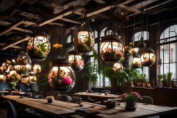  stones and flowers hang among the lamps from the ceiling.