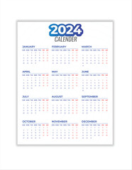 Monthly calendar template for 2024 year. Wall calendar in a minimalist style. Week Starts on Sunday. Planner for 2024 year.2024 simple calender
