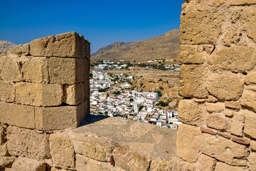 Village of Lindos seen from the Acropolis, Rhodes island GR