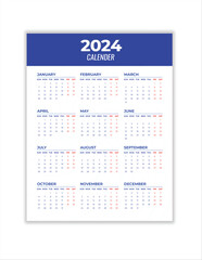 Monthly calendar template for 2024 year. Wall calendar in a minimalist style. Week Starts on Sunday. Planner for 2024 year.2024 simple calender