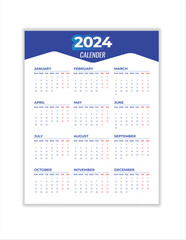 Monthly calendar template for 2024 year. Wall calendar in a minimalist style. Week Starts on Sunday. Planner for 2024 year.2024 simple calender