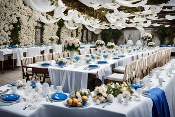 Long dinner tables covered with white cloth, served with porcelain and blue glasses and rich...
