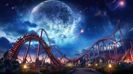 The dazzling lights of a roller coaster illuminating the night sky