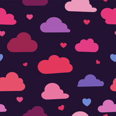 Seamless pattern illustration of children s funny clouds on a snow heart print on a bright blue background. Abstraction print factory clothing vector.