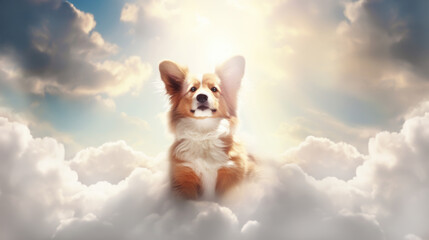 Happy dog sitting on a cloud in heaven