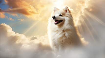 Happy dog sitting on a cloud in heaven - obrazy, fototapety, plakaty