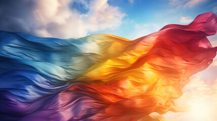 LGBTQ Gay Pride rainbow flag waving in the wind over a cloudy sky generated by AI