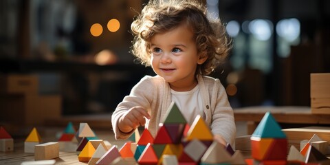 Baby playing with colorful blocks at home. 