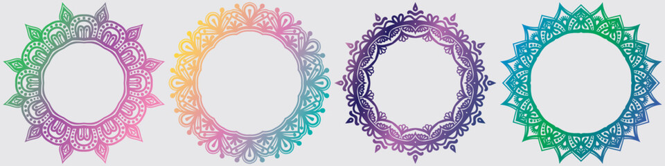 Colorful Indian ornamental art frame elements, mandala line art circular design set.