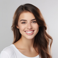 Naklejka premium closeup photo portrait of a beautiful woman smiling with clean teeth. used for a dental ad. women with fresh stylish hair and soft features. isolated on white background