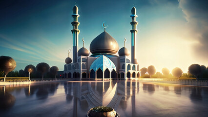 illustration of the beautiful futuristic mosque and ramadan islamic culture icon and with beautiful moon light, The landmark, generative AI - obrazy, fototapety, plakaty