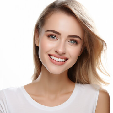 closeup photo portrait of a beautiful woman smiling with clean teeth. used for a dental ad. women with fresh stylish hair and soft features. isolated on white background