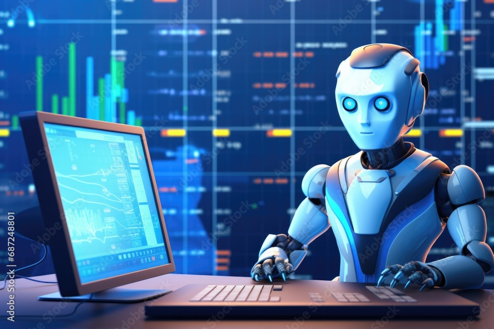 Poster A robot sitting in front of a computer monitor. Suitable for technology and artificial intelligence concepts