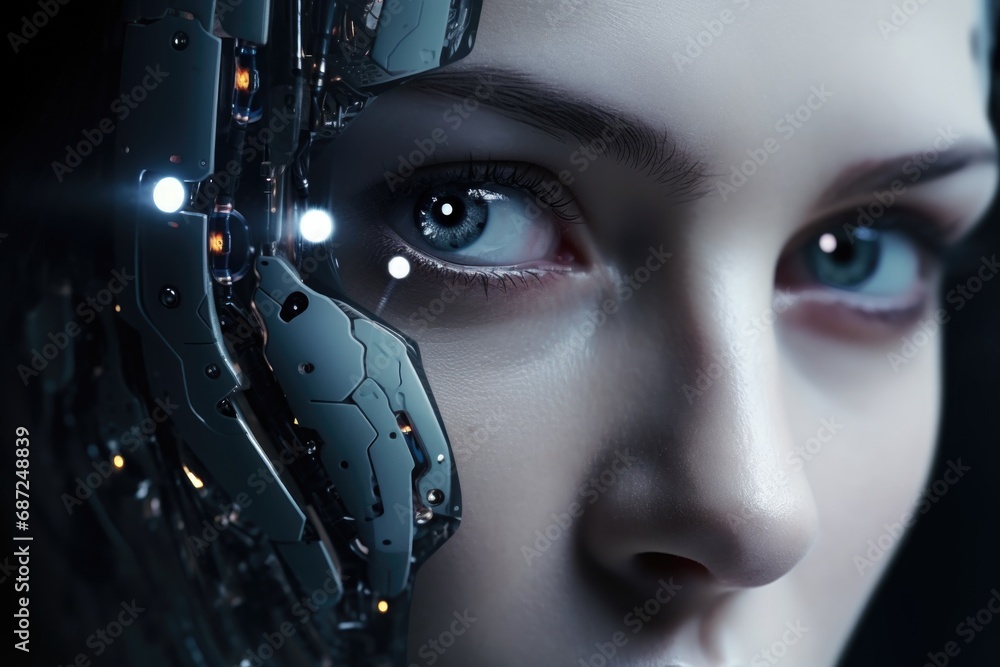 Poster close-up view of a person with a robot face. perfect for futuristic technology concepts or sci-fi th