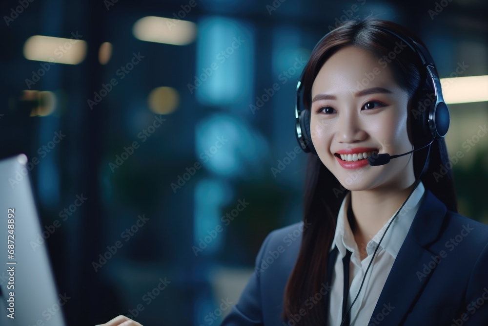 Poster a woman is seen wearing a headset while working on a laptop. this image can be used to depict a prof