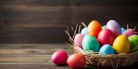   Beautiful easter eggs with ornaments in a plate on a rustic table lay flat, Easter Celebrating the resurrection of Jesus Christ with religious and secular traditions, generative AI

