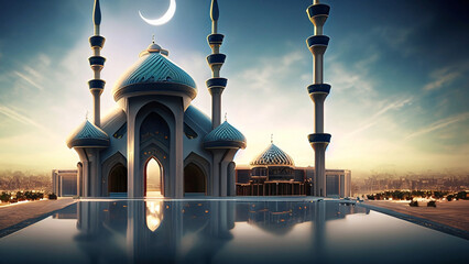 illustration of the beautiful futuristic mosque and ramadan islamic culture icon and with beautiful moon light, The landmark, generative AI - obrazy, fototapety, plakaty