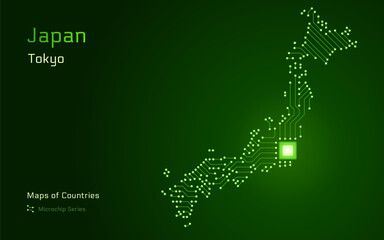 Naklejka premium Japan Map with a capital of Tokyo Shown in a Microchip Pattern. E-government. TSMC. World Countries vector maps. Microchip Series