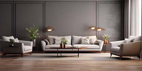 Interior mockup with picture frame on a Wall. Luxurious living room in with sofa and painting on a wall 3D render, illustration of the living room interior, generative AI
