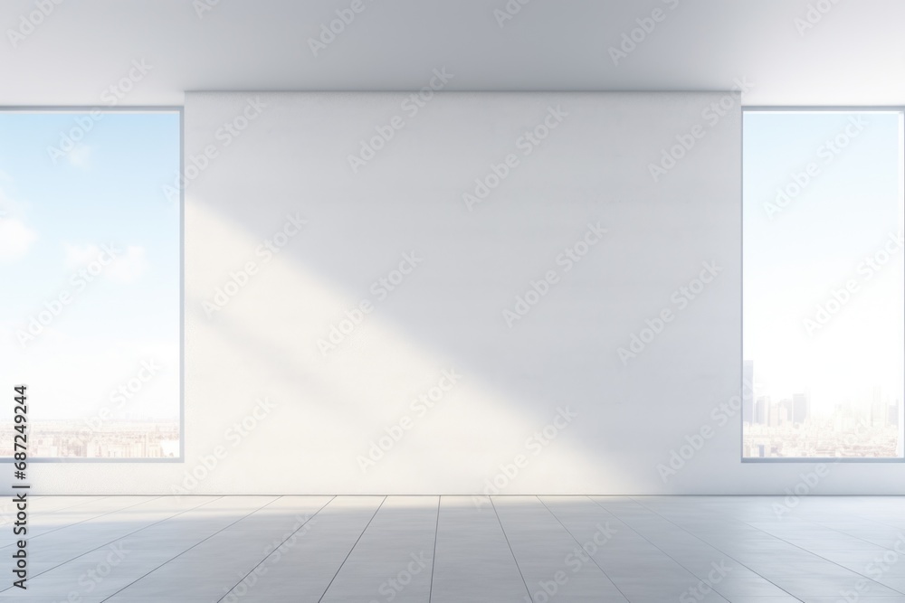 Poster a simple and spacious room with two large windows offering a stunning city view. this versatile imag