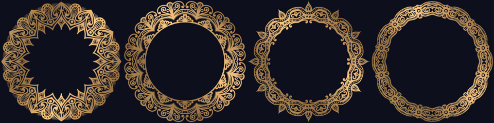golden coloring mandala frame, art circle elements set.