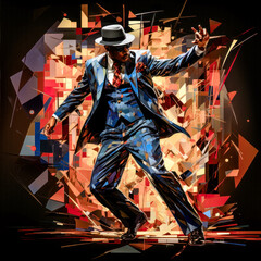 A Person in a Suit and Hat Dancing in a Pattern like Hip Hop Abstract Illustration Wallpaper Background Poster Music Digital Art Rhythm
