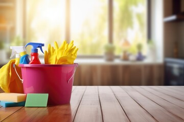 A bucket full of cleaning supplies on a wooden table. Perfect for illustrating cleanliness and household chores