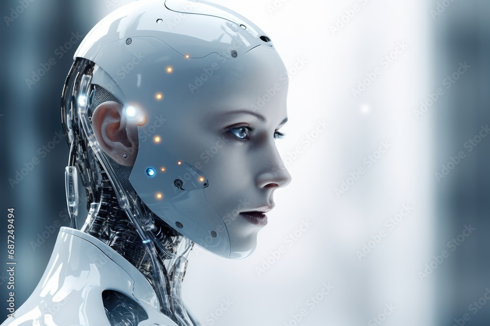 Aufkleber a close-up view of a robot's head with glowing eyes. this image can be used to depict futuristic tec