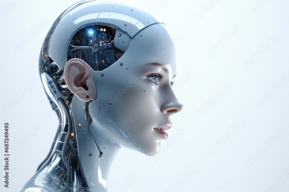 Poster a close-up view of a person's head with a robot's face. this image can be used to depict concepts su