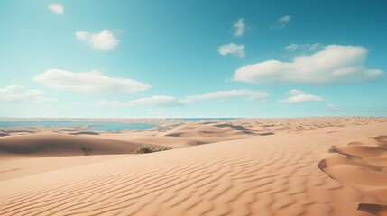 A serene photograph capturing the gentle curves of sand dunes bathed in a soft, aesthetic color palette, evoking a sense of calm in a tranquil desert landscape. - obrazy, fototapety, plakaty