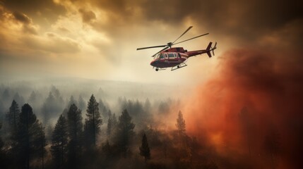 Fototapeta na wymiar Dramatic view of Helicopters are extinguishing forest fires. AI generated image